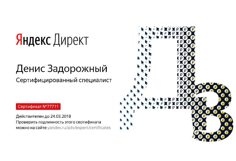 Сертификат специалиста Яндекс. Директ - Задорожный Д. в Казани